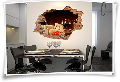 3D Wand-Bild Wand-Tattoo Wand-Aufkleber Rot-Wein-Glas Käse Salami Delikatesse Küche, 120x80cm
