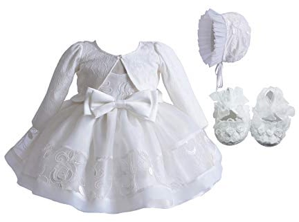 Cinda Baby Girls Ivory Lace Christening Party Dress Bonnet with Bolero and Shoes 9-12 Months