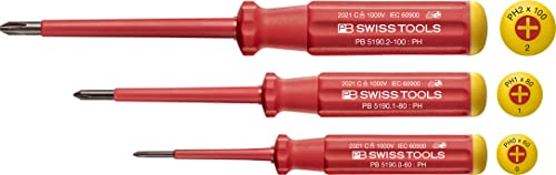 PB Swiss Tools PH Kreuz VDE Schraubendreher Set PB 5548, 100% Swiss Made, 3-teiliges Elektro Schraubenzieher Set für Kreuzschlitz-Schrauben Grösse PH0/PH1/PH2, Rot
