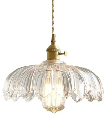 HJXDtech Vintage Glas Pendelleuchte Mit Lotus Blume Lampenschirm, Messing E27-Fassung Mit Schalter, Eleganter Glas Hängelampe für Kücheninsel,Esstisch & Wohnzimmer (Klar)