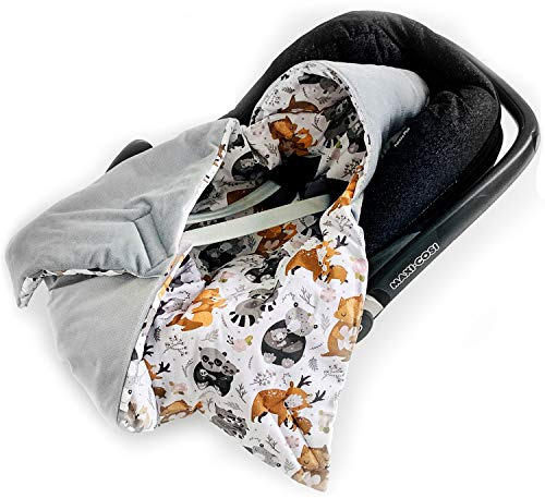 BABEES© 80x80 cm Einschlagdecke für Babyschale Autositz mit Füllung Wattiert Ganzjährig Übergang Frühling, Universal warm mit Klettverschluss Übergangszeit Eukalyptus