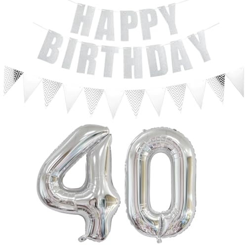 Luftballons Zahl 40 Silber + Happy Birthday Girlande + banner Folienballon 40.Geburtstags deko frau mann ballons 40 Jahre Geburtstag deko frauen Zahlenballon 40 Geburtstag dekoration Männer frau(40)
