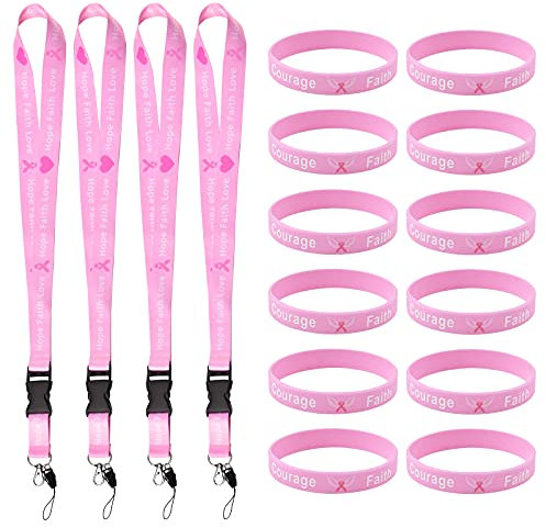 WANDIC 4 Stück rosa Schleifenband und 12 Stück rosa Silikonband Armbänder Brustkrebs-Bewusstsein Lanyard Straps Abzeichen Kartenhalter für Schlüsselanhänger Ausweis