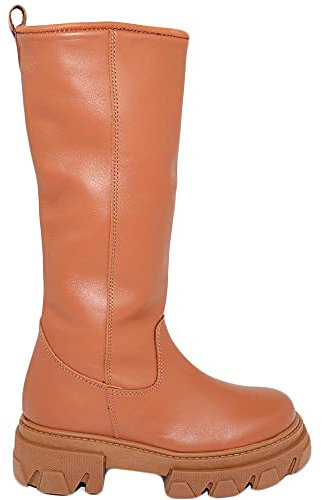 Stivali Donna Chelsea Combat Boots Platform in Vera Pelle Cuoio Altezza Meta' Gambale in Vera Pelle Made in Italy (36 EU)