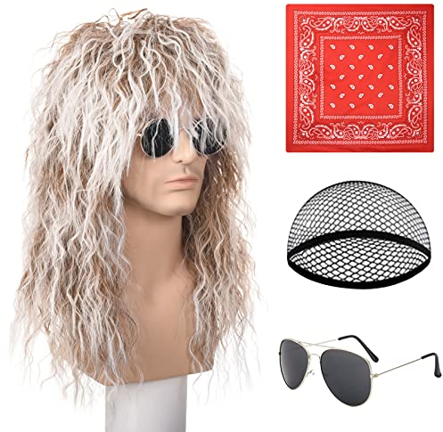 TUPARKA 3 Stück 70er 80er Kostüme für Männer Frauen, lange lockige weiße graue Perücke Meeräsche Perücken Rocker männliche Perücke Herren Halloween lustige Kostüme