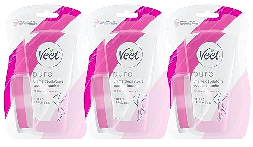 VEET PURE - Crème Dépilatoire Sous la Douche Corps & Jambes - Peaux Normales - Sans Odeur d'Amoniaque - Lot de 3x150ml