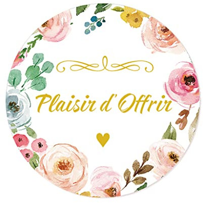 100 ÉTIQUETTES cadeaux PLAISIR D'OFFRIR 40MM ROND, adhésive Autocollants cadeaux emballage Etiquettes Voeux pour Mariage, Noë, fête - fleurs délicates - UNI 326 (004)