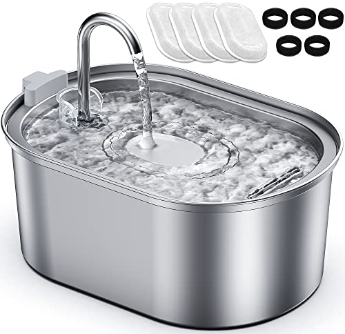 Petace Trinkbrunnen Edelstahl 3.2 L für Katze und Hunde, Katzenbrunnen mit Pumpe und 4 Aktivkohlefilter, Leise Wasserbrunnen 30dB