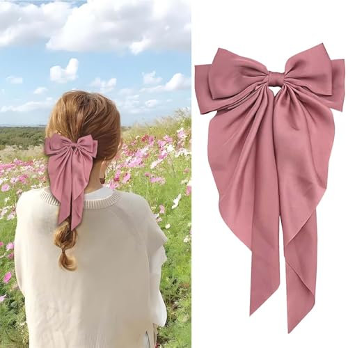 Pince à cheveux avec nœud, nœuds pour cheveux pour femmes Big Bowknot Hairpin French Hair Clips Hair Barrette Clips Soft Satin Silky Hair Bows for Women Girls(Rose)