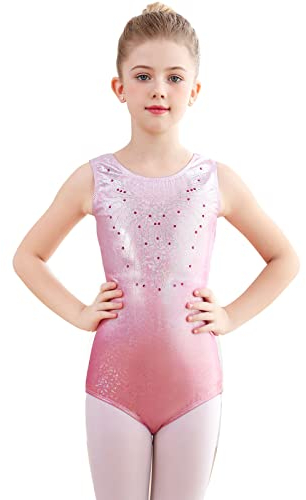 Monbessi Turnanzug Mädchen Glitzernde Kinder Gymnastikanzug Rundhalsausschnitt Dancewear 5-12 Jahre (140, Rosa)
