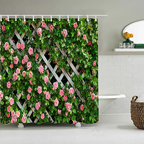 JIANGLANY Outdoor Shower Curtain Garden Fence with Pink Rose and Leaves Cloth Bathroom Curtain 3D Print Floral Shower Curtain with Beautiful Scenery, 12 Hooks, 180x180cm