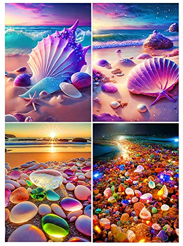 DCIDBEI 3D AI Diamond Painting 4er Set Erwachsene 40x50 cm Diamant Painting Bilder Strand 5D Diamond Painting Strand Meer Diamond Puzzle Landschaft Diamant Malerei Muscheln Steine Schalen Fluoreszenz