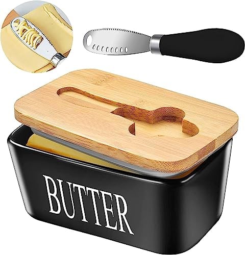 MEETOZ Ceramic Butter Dish with Wooden Lid, Airtight Butter Keeper for Counter or Fridge with Stainless Steel Multipurpose Butter Knife, Butter Container with Double High-Quality Silicone