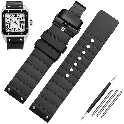 GANYUU 23mm Uhrenarmband für Cartier Santos Sandoz Santos 100 Silikon Uhrenarmband Gummi Herren und Damen Schwarz, 23 mm, Achat
