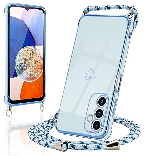 Micoden Handykette kompatibel mit Samsung Galaxy A14 5G Ultra dünn Kameraschutz Herz Love Design Galvanik TPU Silikon Bumper Kordel zum Umhängen Handyhülle mit Band,Blau
