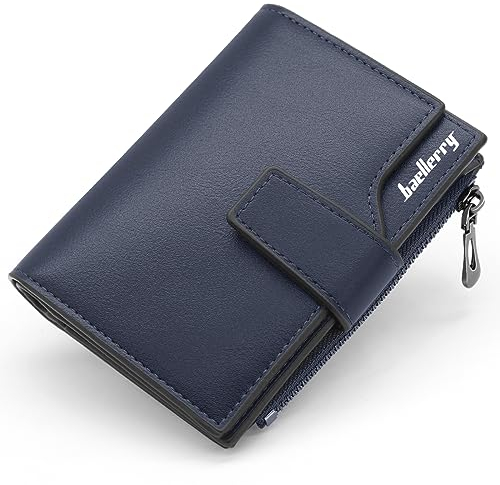 HNOOM Porte Monnaie Femme en Cuir PU Porte Feuilles pour Femme Court Lisse et Souple Petit Portefeuille Femme avec 15 Emplacements Cartes et Zippé Pochette à Monnaie (Bleu Foncé-X)