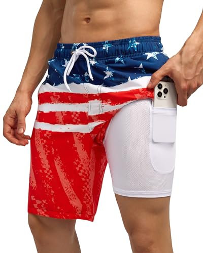 difficort Maillot de bain pour homme avec entrejambe de 22,9 cm à séchage rapide avec doublure de compression, 1 drapeau américain rouge, Small