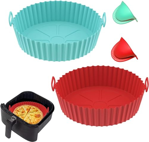 Molde Silicona Freidora de Aire, 2PCS Circular Accesorios Freidoras de Aire Reutilizable Bandeja Recipientes Cesta Utensili para Air Fryer, Microondas, Horno (Rojo + Verde)