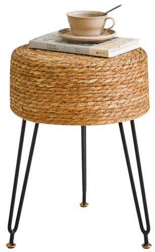 YMYNY Sitzhocker, Ottoman, Fußhocker aus Natürliches Seegras und Metallbein, in ländlichen Stil, Handgefertigt, für Schlafzimmer, Wohnzimmer, 32×32×45CM Natürliche Farbe HBD029N