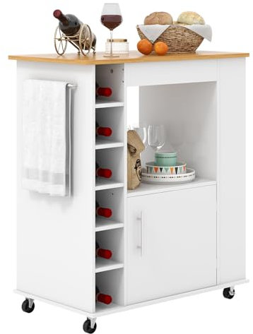 KOMFOTTEU Servierwagen Küchenwagen, Küchen Rolleahen mit Arbeitsplatte & 6 Flaschen Weinregal, Allzweckwagen Holz Küchenschrank auf Rollen für Küche Esszimmer Bar, Weiß