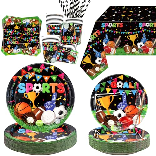 Sports Theme Birthday Party Supplies - Sports Birthday Party Decorations, Including Plates, Tablecloth, Cups, Napkins, and Straw, Soccer Basketball Baseball Football Theme Decoration, Serves 40