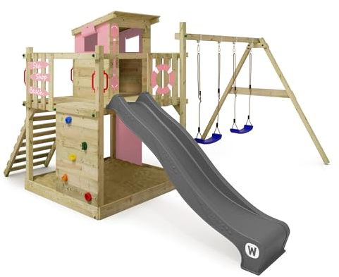 Wickey Aire de Jeux Smart Camp portique en Bois avec balançoire et Toboggan, Tour d'escalade pour Enfants avec bac à Sable, échelle et Accessoires de Jeu pour Le Jardin - Rose Pastel