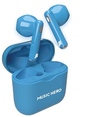 Music Hero cuffiette auricolari wireless, colorazione fluo, tecnologia True Wireless Stereo (TWS), custodia di ricarica da 180 mAh, controlli touch, microfono integrato, semi in-ear, blu