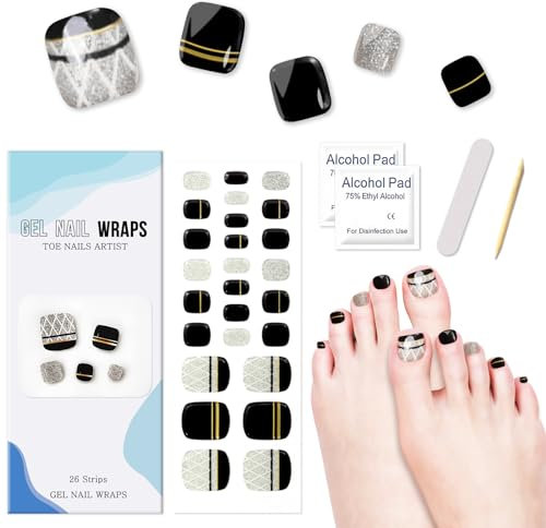 26Pcs Semi Cured Gel Toenail Polish Strips, Self-Adhesive Toe Nail Stickers with Glossy Finishing, Salon Quality Full Nail Wraps Pedicure Stickers for Women Girls DIY Manicure (French Black)