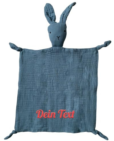 Personalisierte Schmusetuch mit Namen bestickt - für Baby - Kuscheltuch aus weichem Musselin mit Hase-Köpfchen - ideal als Geschenk zur Geburt - 28x28cm (Blau)