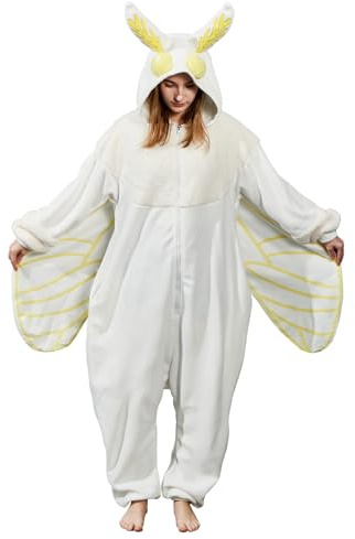 AMAMHAHAVA Mothman Onesie Pyjama für Erwachsene, Seidenmotte Halloween und Weihnachten Kostüm Cartoon Einteiler Cosplay, Cartoon-Seidenmotten-Kostüm, XL