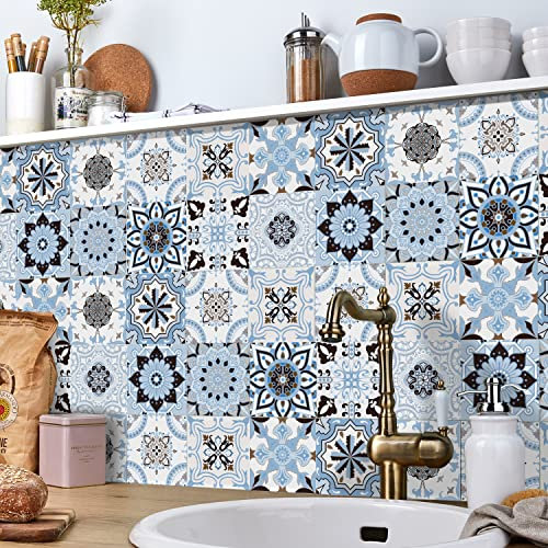 24pcs Morocco Tile Stickers 15x15cm for Kitchen Bathroom Vintage Waterproof Oil Proof DIY Stick on Tiles Self Adhesive Floor Vinyl Wall Stickers