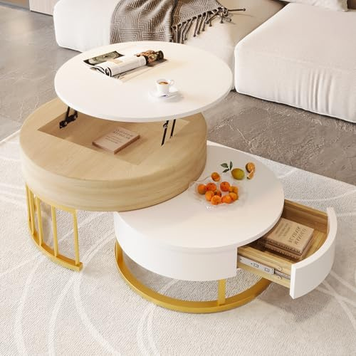 YESGIGA Goldener Satztisch, hochklappbare Couchtischkombination, Beistelltisch mit Zwei Schubladen. 2-teiliges Set
