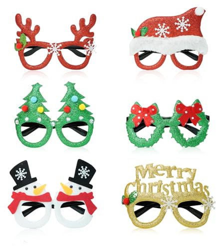 6 Stück Weihnachtsbrillen Neuheit, Xmas Glassesc Erwachsene, Weihnachten Neuheit Brille, Weihnachten Party Brille, Weihnachten Party Requisiten, Weihnachten Zubehör zu tragen, Weihnachtsmann Brille,
