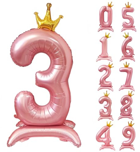 42 Zoll Rosa Zahl Ballon Stehende Zahl 3 Luftballon mit Krone Rosa Krone Ballon Zahlen 0-9 Groß Helium Ballons für Geburtstag Party Dekorationen Hochzeit Deko