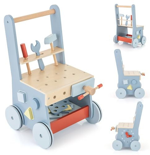 DREAMADE Chariot de Marche en Bois Bébé,2 en 1 Trotteur d'Activités Bébé avec Blocs&Poignée Lisse&Roues,&Rangement,Marcheur d'Apprentissage Garçons Filles,Jouet Educatif Montessori Bébé 3 Ans+,Bleu