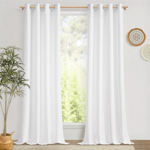 MRTREES Gardinen Schlafzimmr Weiss Halbtransparent, Vorhang Weiß mit Stange Ösenschal 2er Set, 200 cm Lang, 140 cm Breit, Vorhänge Wohnzimmer Leinenoptik, Curtains Living Room