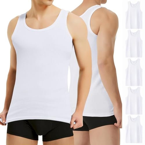 Mowenti 5er Pack Unterhemd Herren Tank Top Weiß Herren 100% Baumwolle Muscle Ohne Arm Tanktops Feinripp für Sport Gym XL