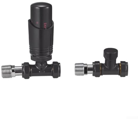 Eawfgtuw Thermostatic Radiator Valve Set Black Energy Efficient Temperature Control 7-32°C Angled Corner Straight Design Twin Pack with Lockshield 20mm Extension Tails
