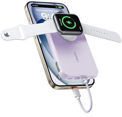 VEGER Power Bank Mini 20 W PD, Power Bank 10000 mAh with Integrated USB-C and Apple Cable, with Apple Watch and USB C Charging, External Battery with LED Compatible with iPhone, Apple Watch (8-1), USB