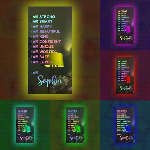 Personalised Name LED Light Custom Affirmation Mirror I AM Mirror Custom Light up Name Sign for Wall Bedroom Inspirational Gift