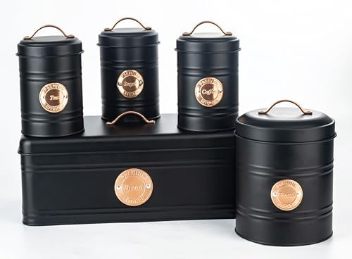 LENAK Tea Coffee Sugar Storage Canister Set - Labelled Containers for Tea Coffee Sugar Tins Jar Sets for Kitchen Accessories & Essentials (Black/Copper, 5 Pieces)
