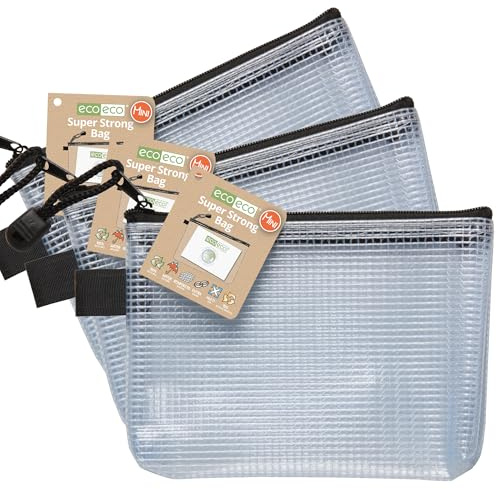 eco-eco Mini-Beutel aus 95% recyceltem, superstarkem Netzstoff, verstärkt, schwarz/transparenter Reißverschluss, 3 Stück, eco036x3