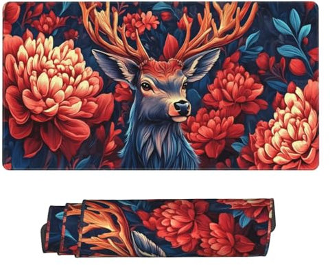 Groß Mauspad 120x60cm, Waterproof Gaming Mouse Pad Peony Flower Deer Mousepad, Mouse Pad XXL, Non-Slip Rubber Base, Soft Smooth Surface Extended Keyboard Desk Mat for Office Decor, Geschenke B-800