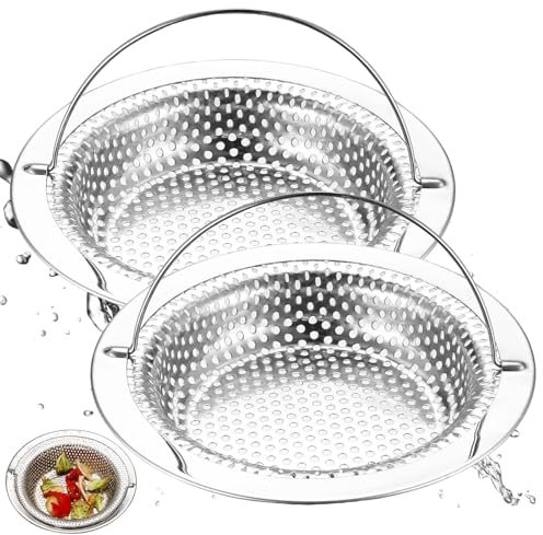 BieMian 2 Pcs Kitchen Sink Strainer Basket, Stainless Steel Sink Food Catcher, Anti Clogging Sink Drain Sieve Strainer Hair Catcher with Lift-up Handle for Kitchen Bathroom Shower(Dia 7.5cm)