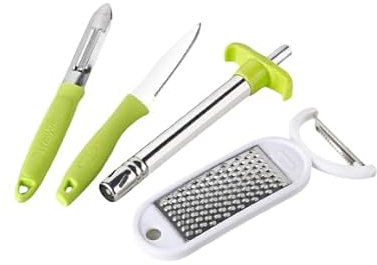 4 in 1 Combo Pack – Includes 1 Grater, 1 Peeler, 1 Knife, and 1 Gas Lighter | Multicolor Plastic Kitchen Tools Set
