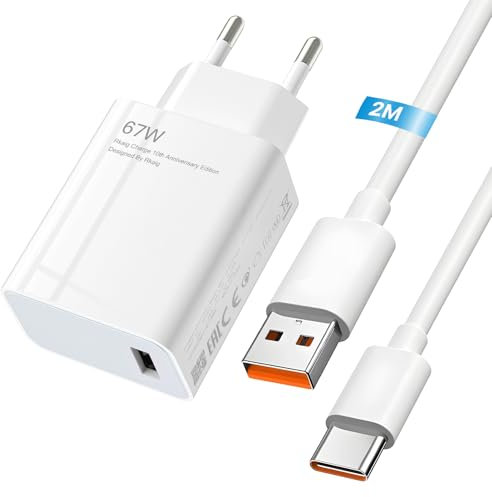 67W Adaptateur Chargeur Rapide USB avec 6A Câble USB C pour Xiaomi 14T 13T Mix Flip Mix Fold 3, Redmi Note 13 Pro 5G, POCO M6 X6 X5 X4 F5 X3 GT 13 Lite 12S Ultra 12 Lite