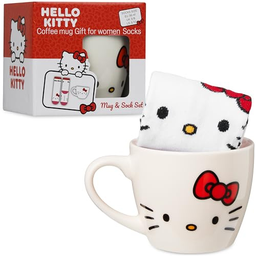 Get Trend Hello Kitty Sanrio Taza y Calcetines Mujer, Taza Ceramica 340 ml con Calcetines Divertidos, Set Regalo para Adolescentes y Mujeres (Blanco Hello Kitty)