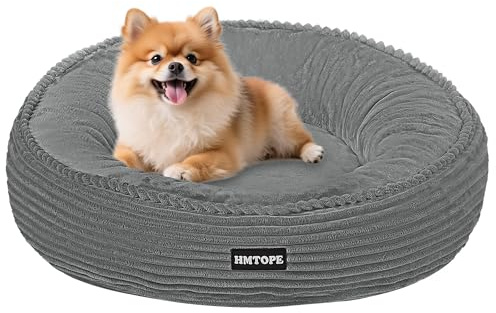 HMTOPE Hundebett Kleine Hunde, Rund Katzenbett Waschbar, Ø60cm, Mittelgrau | Kuscheliges Hundekissen, Cord Hundekorb, Donut Hundesofa zur Bekämpfung von Angstzuständen, Abnehmbar Bezug & Rutschfest
