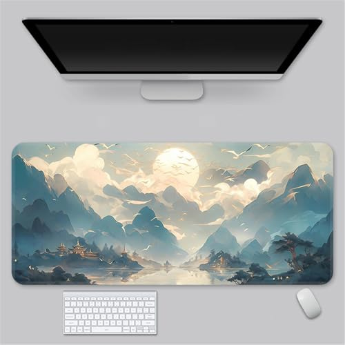Surwin Tapis de Souris Gamer XXL, Grand sous Main Bureau pour Clavier et Souris, Imprimé Style Chinois Mouse Pad pour Gaming avec Bords Surpiqués et Base en Antidérapante (Bleu,900x400mm)