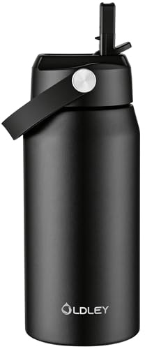 OLDLEY 550ml Insulated Water Bottle with Straw, Stainless Steel Water Bottles with Handle for School, Travel, Leakproof BPA Free Metal Vacuum Small Flask Keep Hot and Cold for Kids, Adult (Black)